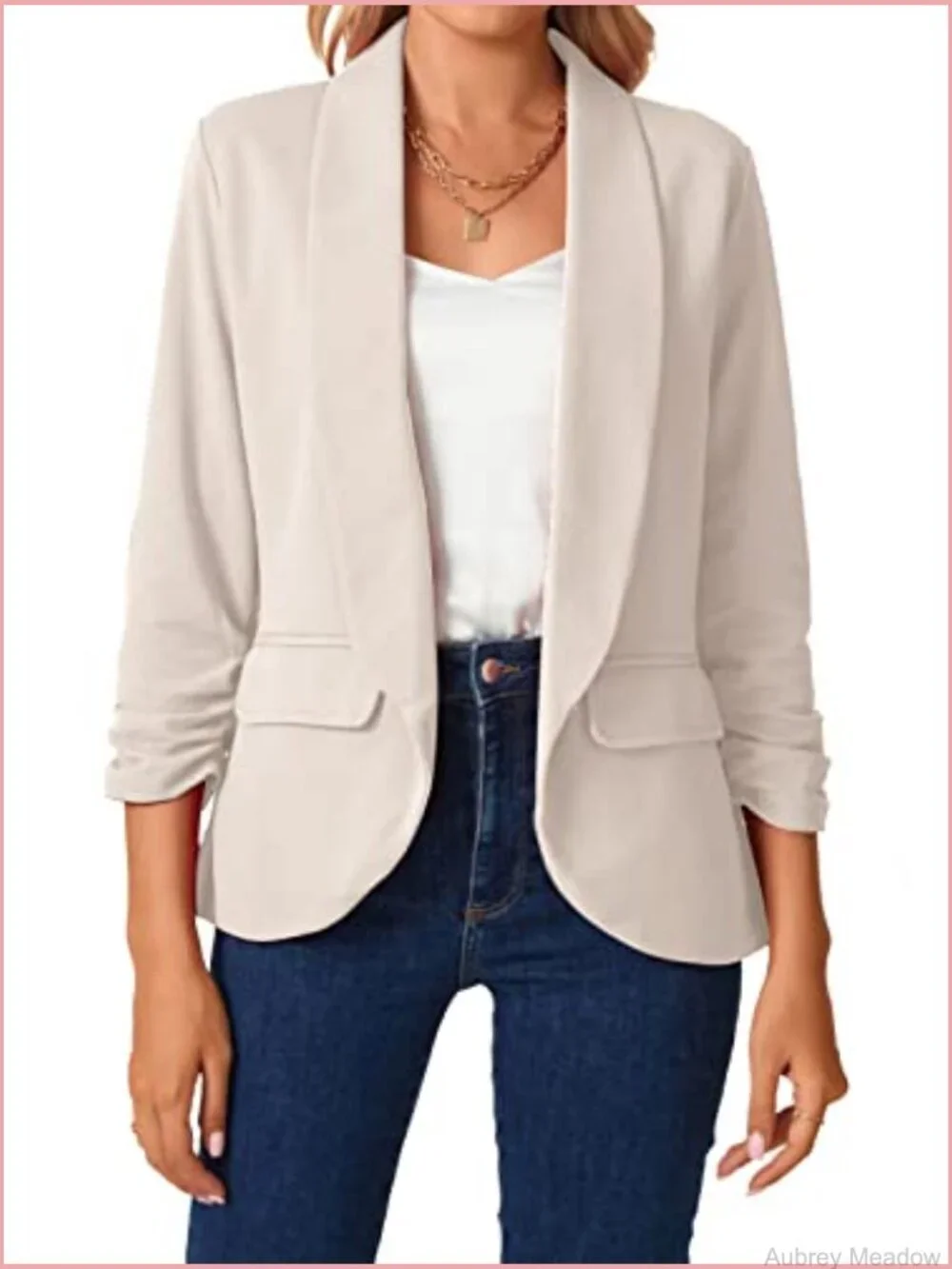 Womens Blazer 3/4 Ruched Sleeve Shawl Collar Business Work Open Front Pockets